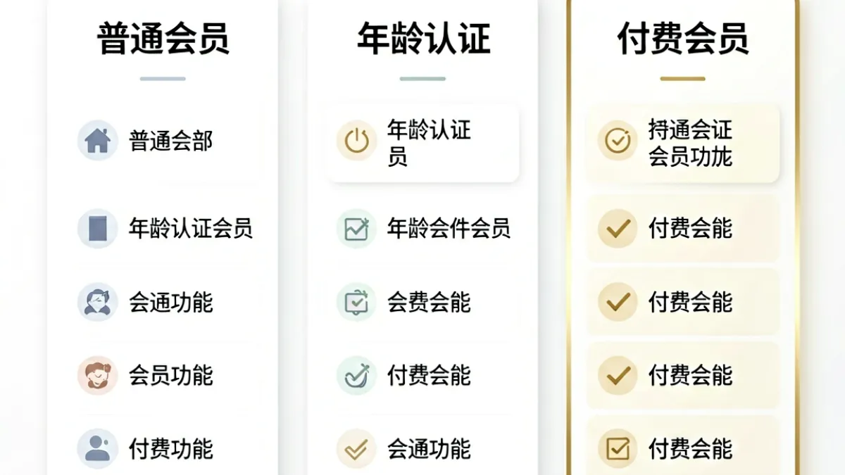 fc2账号权限对比图，直观展示普通会员、年龄认证会员和付费会员三个层级的功能差异