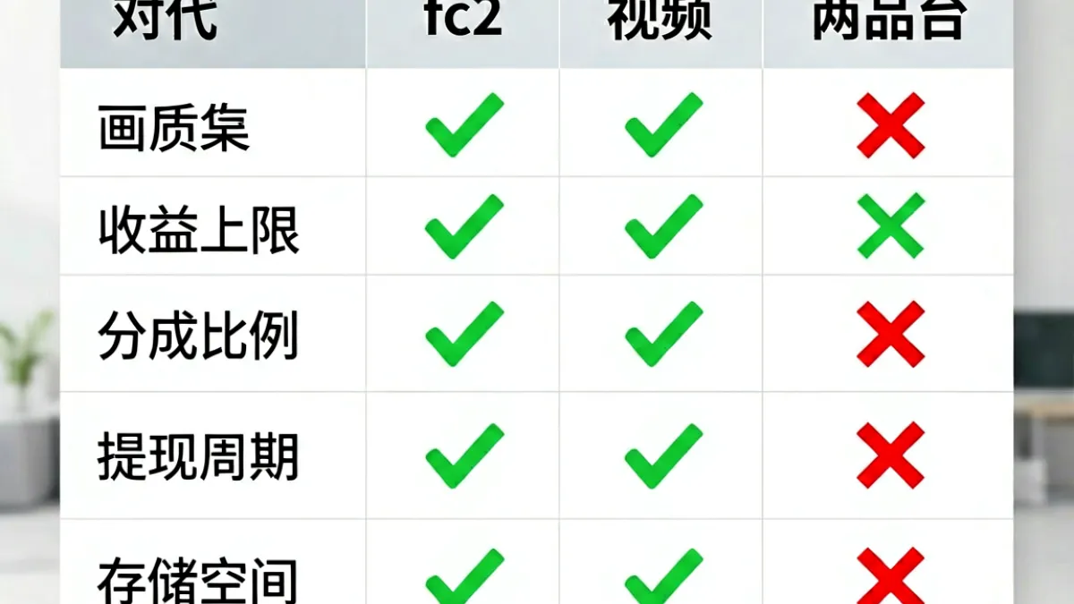 fc2 视频平台与同类竞品的功能对比表格截图，清晰列出画质、收益分成等维度
