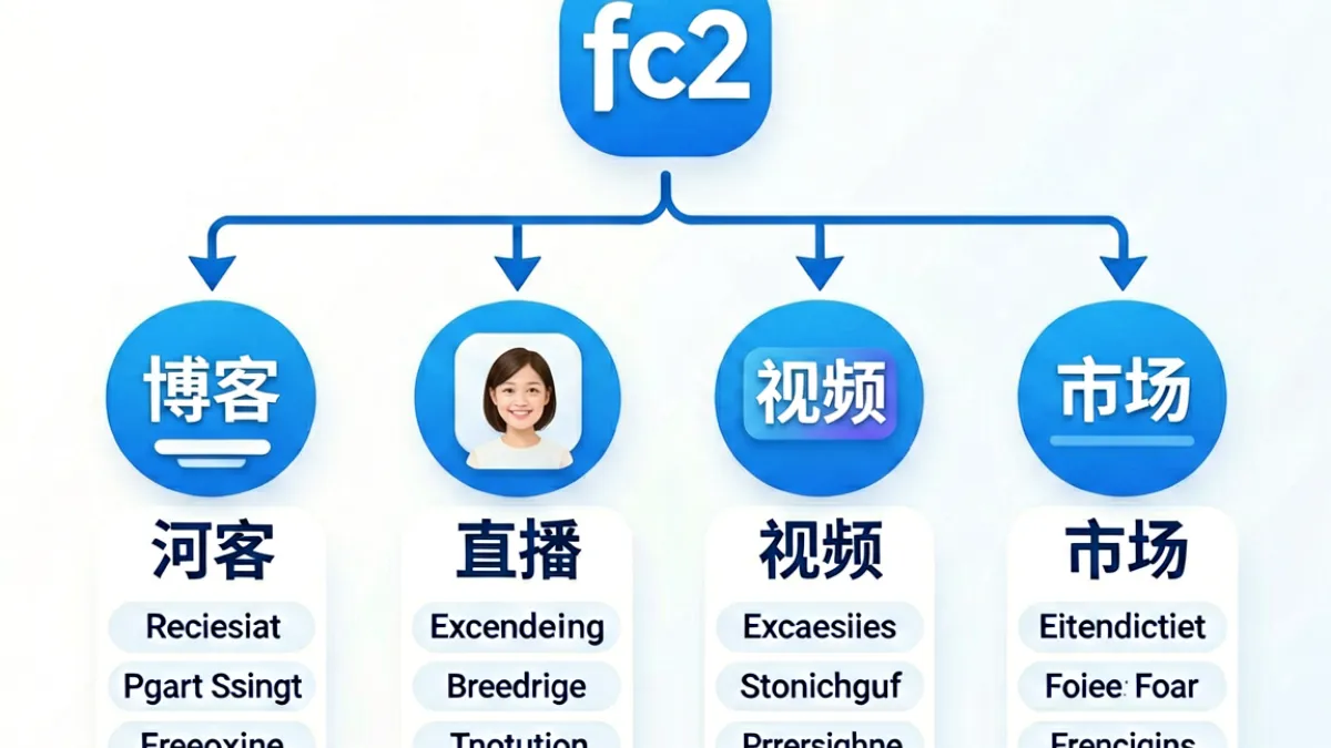 fc2 平台架构示意图，用图形展示博客、直播、视频、市场等多个产品线与主账号体系之间的层级关联
