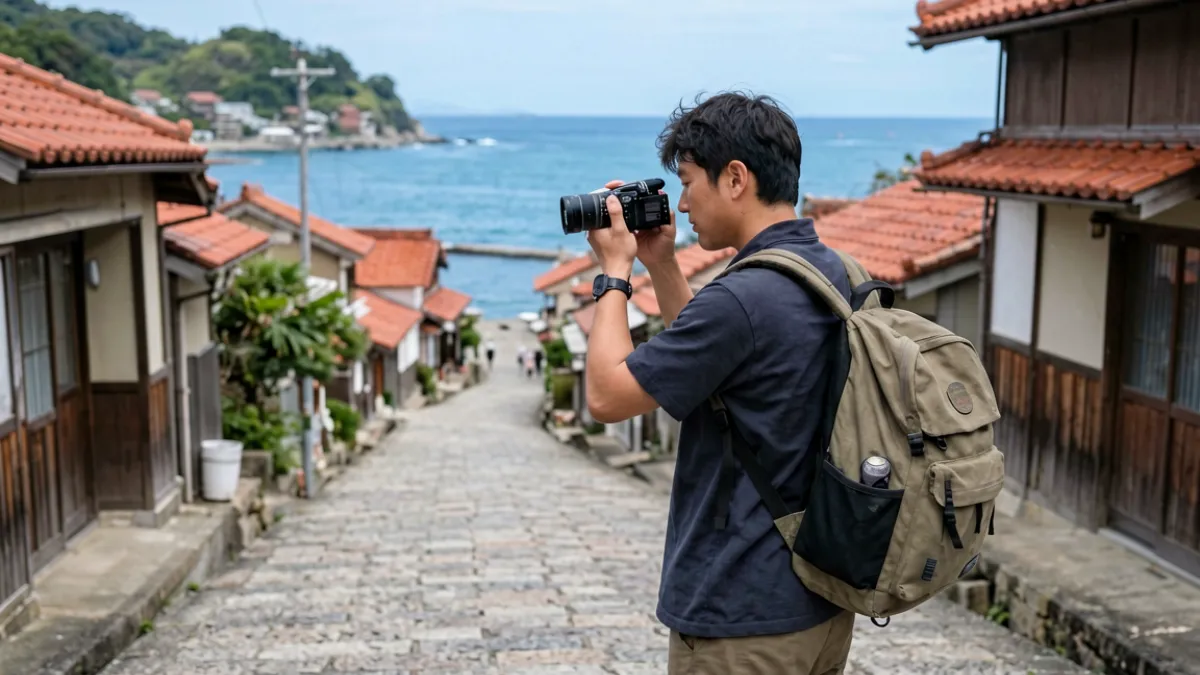 fc2视频平台热门旅行Vlog创作者在拍摄城市街景的画面