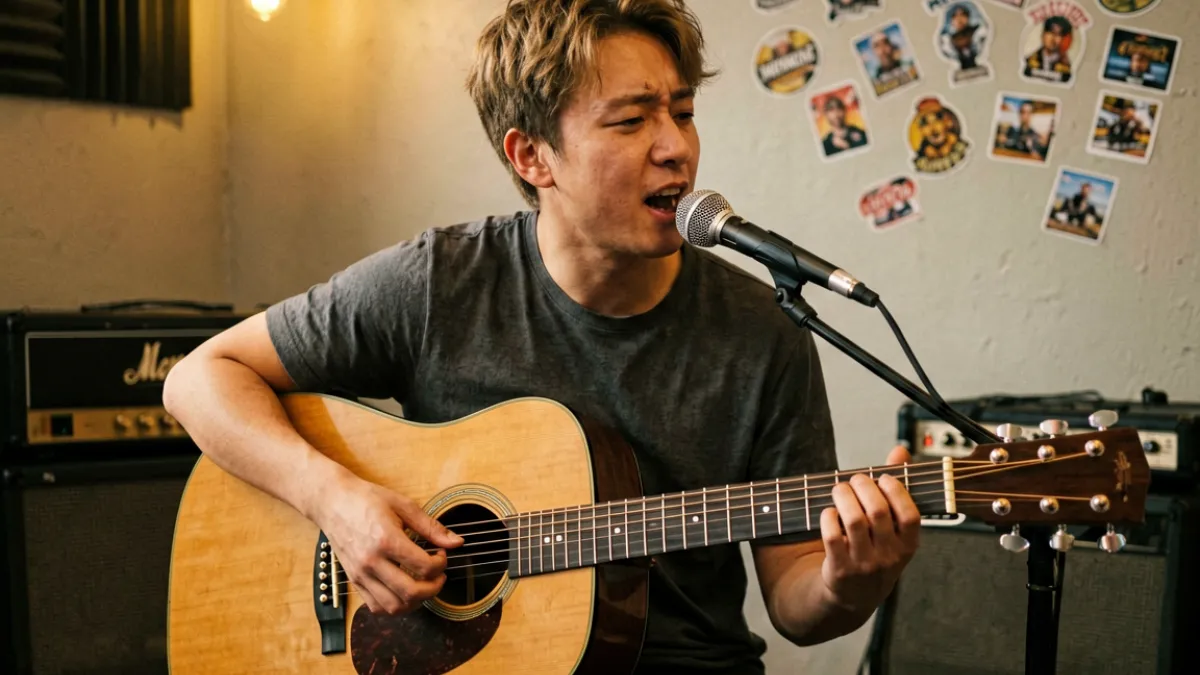 fc2直播平台上一位音乐创作者进行吉他弹唱直播的实时画面